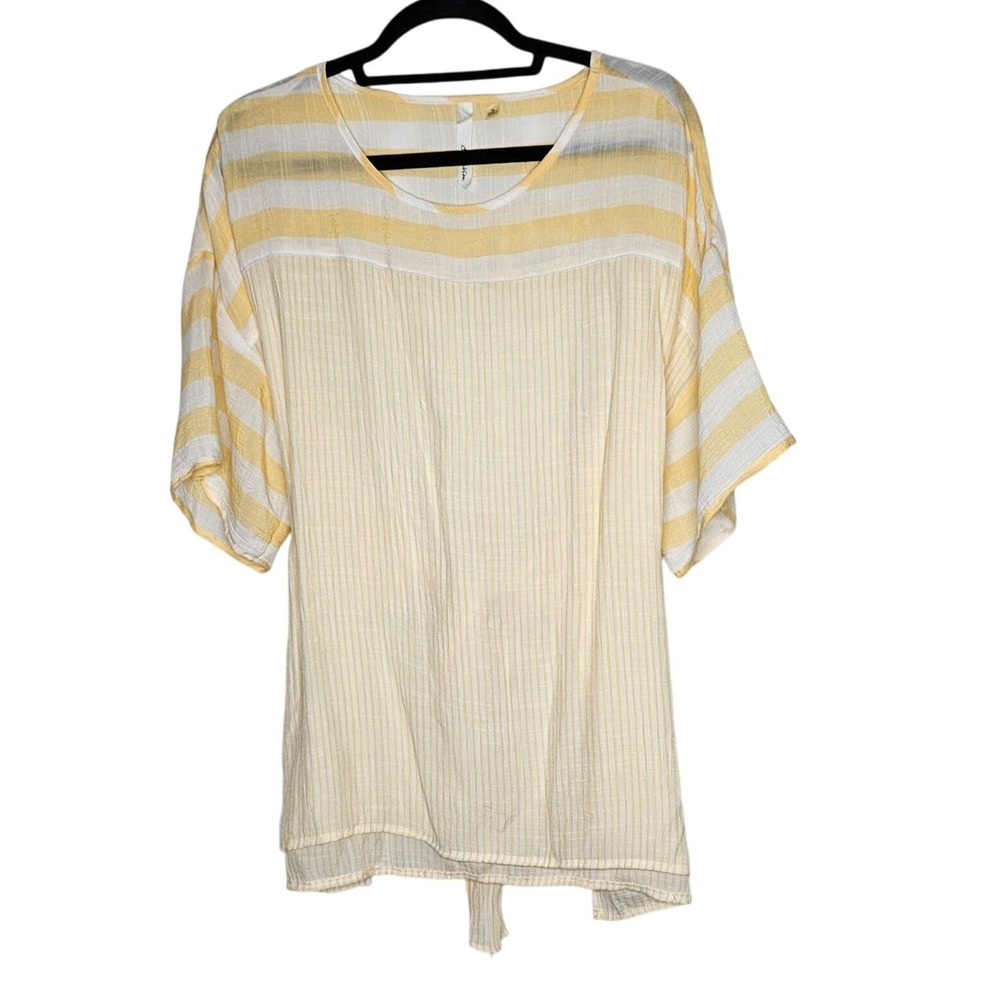 Yellow & White Striped Loose-Fit Tie-Back Blouse Womens XL Sheer‎ Lightweight